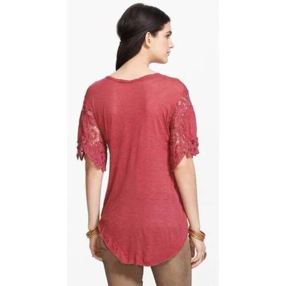 Free People Mallary's Battenburg Raspberry Lace Sleeve Top - Picture 4 of 8
